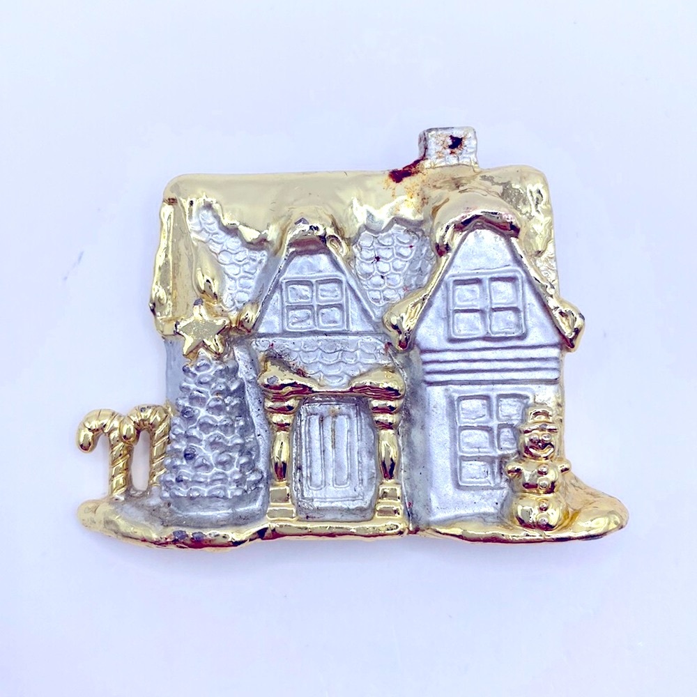 Vintage AJC Signed Two Tone Christmas Cottage Brooch